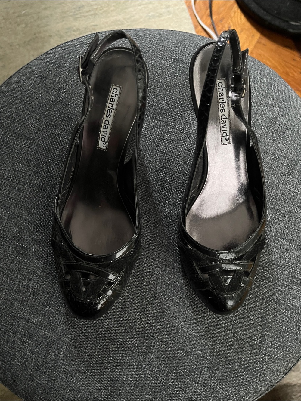 Charles David Black Patent Slingback Pointed-Toe Flats with Woven Detail